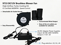 Ventilateur centrifuge OEM 9733 12V DC 97mm 1.18A 4600RPM avec contrôleur de vitesse et conduit d'air pour kit de refroidissement de barbecue