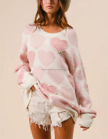 Pull-over rose à manches longues en tricot avec cœur perlé pour la Saint-Valentin pour femmes