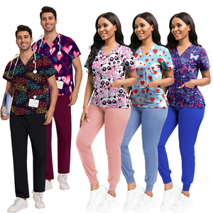 2025 venta al por mayor personalizado Navidad Halloween Festival patrones impresos Scrubs mujeres hombres pantalones de Color puro - Product Image 1