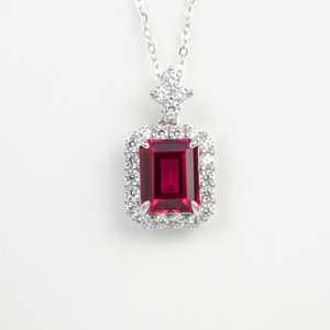 Vintage <b>Emerald</b> Cut Ruby Halo <b>Pendant</b>, Sterling Silver Lab Created Ruby Necklace for Women - Product Image 1