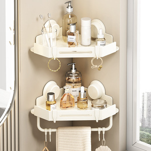 Estante triangular para baño color crema, de una sola capa, montado con ventosas y ganchos para almacenamiento - Product Image 4
