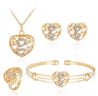 Mode Senior Dames Taille Réglable En Acier Inoxydable Coeur Zircon Incrusté Bracelet Collier Anneau Bracelet Ensemble