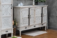 Buffet en bois massif personnalisé style ferme, finition blanchie, grand, 3 tiroirs, 4 portes, pour salon, entrée, bar, hôtel