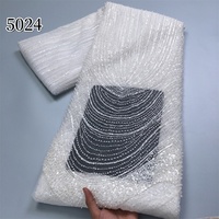 Kain Brokat Prancis Afrika Putih Murni 5024 dengan Payet untuk Gaun Pengantin, Kain Tulle Mesh, Brokat Nigeria Mewah