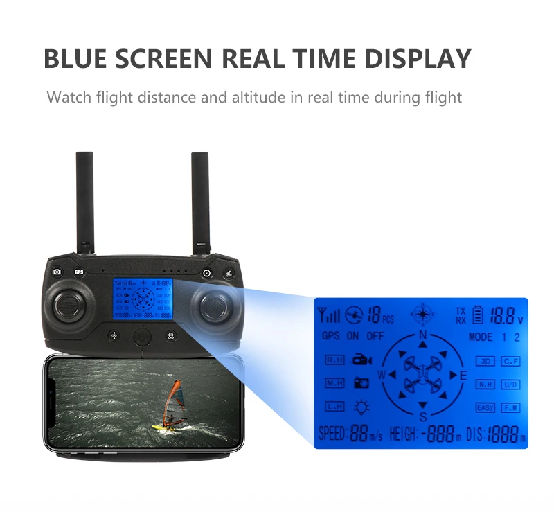 KY601G Drone, blue screen real time display watch flight distance and altitude in real time