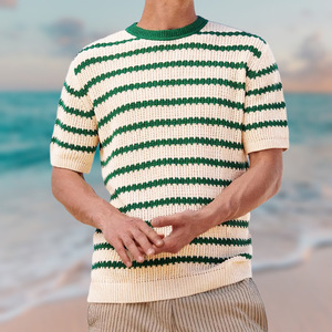 Pull en tricot rayé pour homme, manches courtes, col rond, style décontracté d'été, vert et blanc, style jeune - Product Image 2