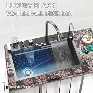Thông Minh Hộ Gia Đình LED Thác Đa Chức Năng Thép Không Gỉ Bồn Rửa Nhà Bếp Handmade Vuông Bốn Lỗ Brass Nano Van Vòi Nước Màu Đen - Product Image 2