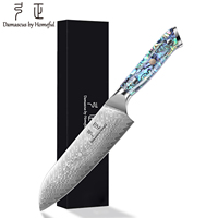 Couteau Santoku Damas, couteau de cuisine, motif d'os de poisson, acier VG10 67 couches, lame de 22 cm, bord droit avec manche en nacre