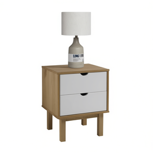 Comodino in legno massello di pino con 2 cassetti, mobile moderno e minimalista per la camera da letto, colore bianco e marrone - Product Image 1