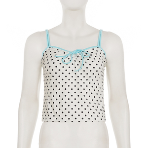 Camisola de mujer con lunares, top corto sin mangas con lazo frontal, de punto transpirable y ecológico, con cintas, para estar en casa o descansar. - Product Image 5