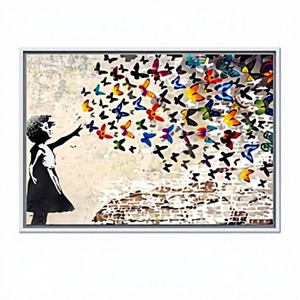 Modern Banksy-Inspired Butterfly Girl Printed Art Deco Panel on <b>Canvas</b> with Clear <b>Frame</b> for Hanging Wall Decor - Product Image 1