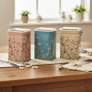 Kontensan 75x100x150 mm Rectangular Metal Box Set (Set 3) <b>Wire</b> Clasp Transparent Lid Floral Design Pastel Blue Botanica Design - Product Image 3