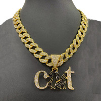 Collier tendance avec pendentif lettre chat argenté et chaîne cubaine en strass pour homme, style hip-hop streetwear et cadeau pour les amoureux des animaux