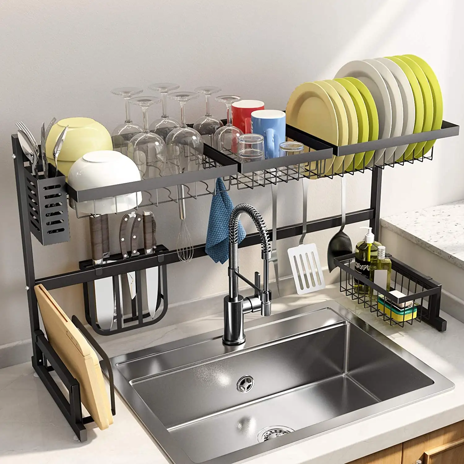 over sink dish drying rack (25.5~39.6") adjustable shelf rack large dish drainer storage rack Space Saver