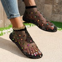 Sandales plates pour femmes grande taille, style claquettes, en résille ornée de strass et de pierres brillantes