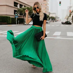 Summer Women Red Pleated Skirt Fashion Boho Elegant Women Elastic Waist Long high waist floor skirts Female Big Swing Skirts