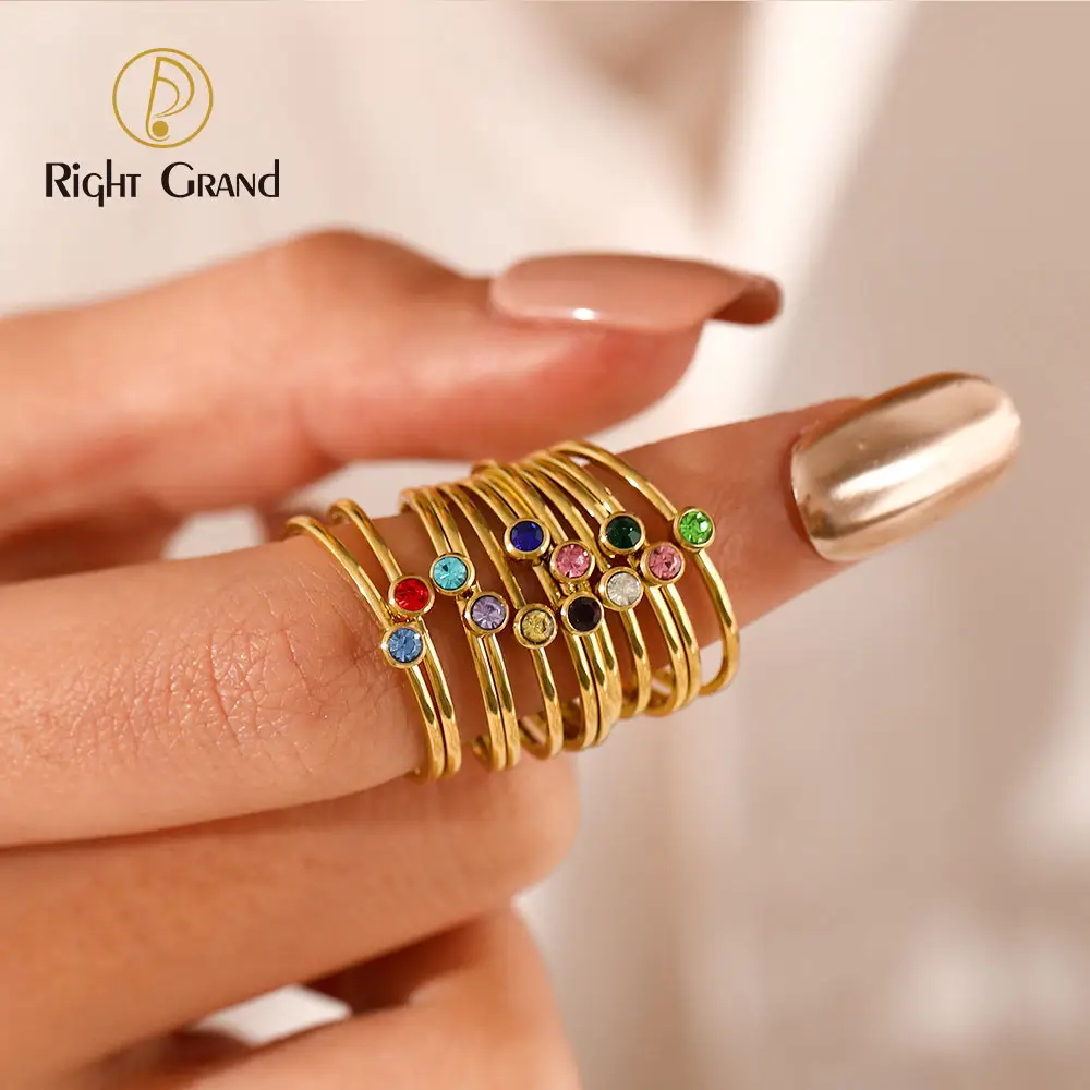 New Arrival Jewelry 18K Gold Plated Birth Stone Ring Women Chic Colorful Cubic Birthstone Ring