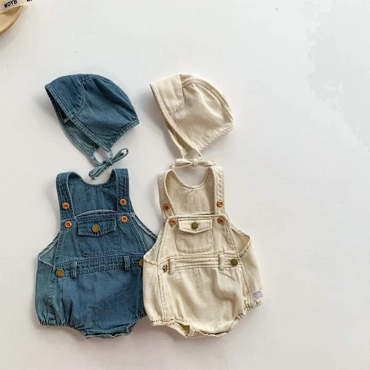 RTS Summer Baby Boys and Girls Denim Strap Jumpsuit Romper Clothes with Hat