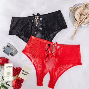 Nuevo Modelo de Lencería Sexy para Mujer, Bragas de Encaje con Abertura en la Entrepierna, con Lazos, Transparentes, con Diseño Hueco, Color Negro - Product Image 1