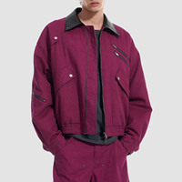 Veste de travail vintage en coton magenta avec col en cuir, coupe oversize, style streetwear, fermeture éclair, veste bomber utilitaire pour homme