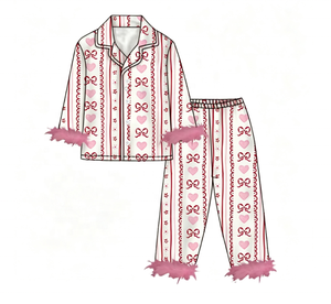 Pyjama d'automne respirant pour filles, ensemble 2 pièces rose avec revers duveteux, imprimé Père Noël, nœud et sapin, boutons, manches longues, vêtements de nuit pour enfants - Product Image 1