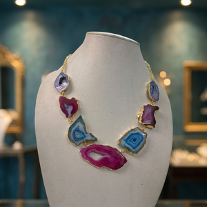 Conjunto de Collar y Pendientes de Latón con Rodajas de Ágata Multicolor para Mujer, Joyería Hecha a Mano Personalizada para Bodas y Fiestas - Product Image 2