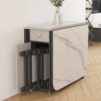 Ensemble de table à manger pliante effet pierre frittée avec 6 chaises pliantes à roulettes et tiroir de rangement, mobilier de salle à manger