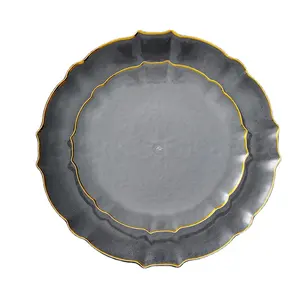 Manufacturer Plastic Tableware Sets Irregular Gold Rim Black Plates Restaurant Tableware For Hotels