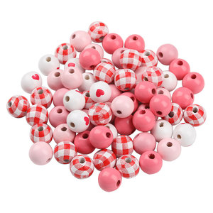 Wood Beads Set Round Pink <b>Red</b> Checkered Heart Pattern For <b>Bracelet</b> Making Valentine's Day Decoration 10M Hemp Rope Included - Product Image 5