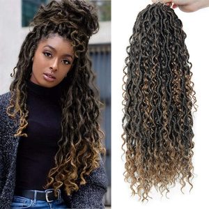 Nouvelles mèches Goddess Locs au crochet, style Boho River, 18 pouces, aspect naturel, <span class=keywords><strong>cheveux</strong></span> synthétiques avec boucles, ombré brun - Product Image 1