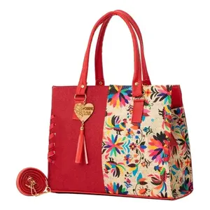 Bolso Tote de Yute Rojo Fana Star, Tamaño Mediano, con Patrón de Letras, Bolso de Compras de Lona para Uso Diario con Bolsillo con Cremallera - Product Image 1