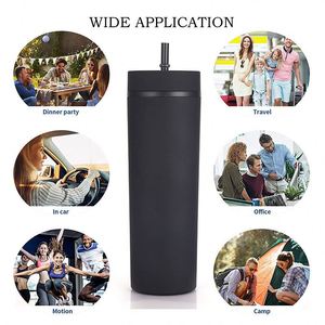 Gobelets fins et droits de 16 oz avec logo personnalisé, couleurs pastel, réutilisables, en plastique mat, avec paille - Product Image 3