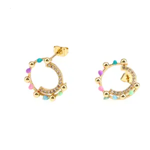 Fashion Cute Multicolor Neon Enamel Beads Circle Stud Earrings Copper Gold Plated Filled Zircon Earring for Ladies Girls Jewelry