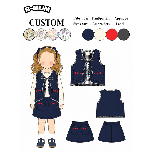 2026 New Arrival Trendy Cute Heart Print Kids Clothing Girls Casual Set 2-6Y Navy Corduroy Sleeveless Vest Skirt for School