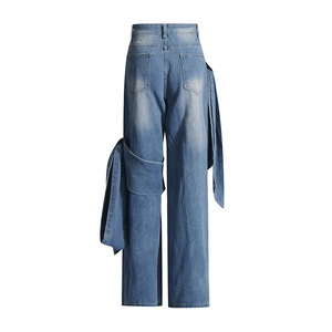 Nouveau Jean Femme Taille Haute à Jambes Larges, Style Délavé, avec Empiècements et Nœud, Tendance - Product Image 4