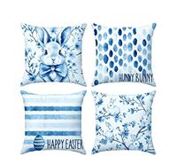 Housse de coussin YINUAN Lapin de Pâques bleu, motif lapin rayé, en polyester, décorative, pour canapé