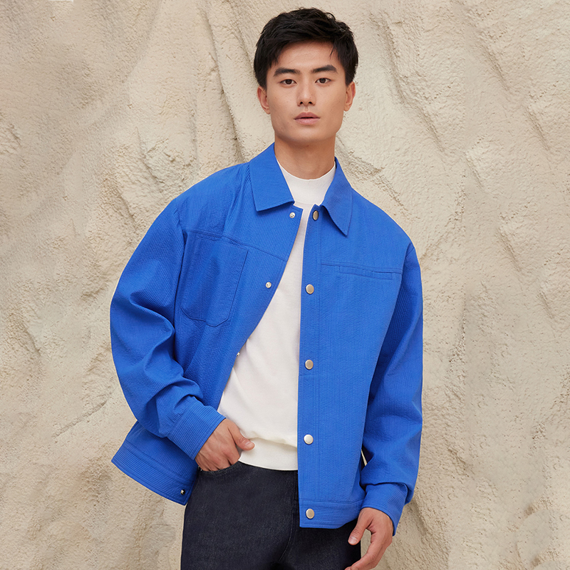 Men's Safari Jacket Blue Woolen Breathable Single Button for Spring Autumn New Fashion Solid Texture Soft Casual Plus Size