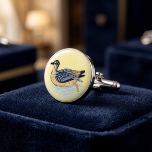 Boutons de manchette en laiton avec motif d'oiseau émaillé peint à la main, finition argentée, style vintage, pour occasions formelles, mariage, anniversaire et cadeau - Product Image 6