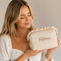 Pochette cosmétique brodée sur mesure, trousse de toilette à carreaux, étui à cosmétiques à volants, pour les voyages et le rangement quotidien