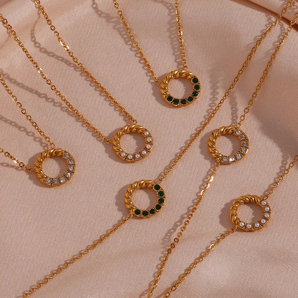 Simple Luxury Green Zircon Necklace Bracelet Stainless Steel Dainty Necklace Circle Pendant Twist Circle Necklace