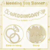 Spanduk Hari Pernikahan, Spanduk Pernikahan Glitter Emas Sampanye dengan Bentuk Hati & Cincin Berlian untuk Hari Jadi, Bridal Shower