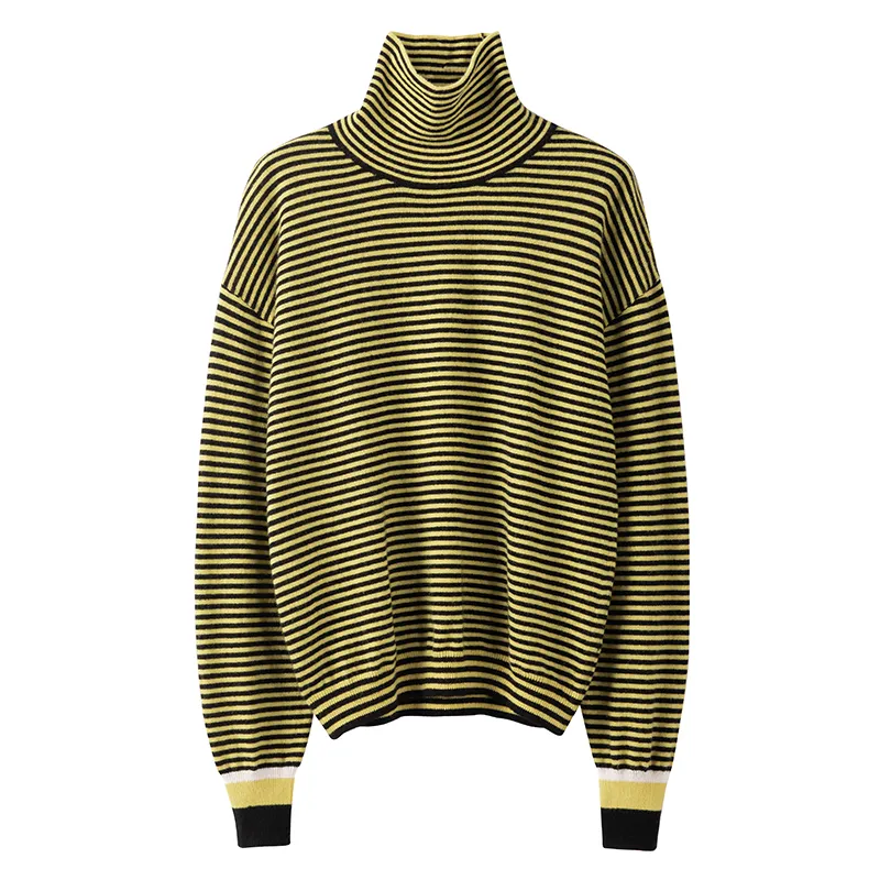Wholesale Long Sleeves Based Knit Pullover Customized Logo Casual Striped Turtleneck High Neck Unisex Sweater