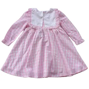 批发时尚夏季婴儿长袖有机棉粉色格子儿童女孩派对儿童连衣裙