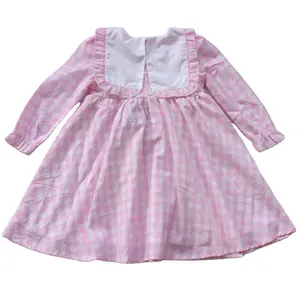 En gros De Mode D'été Bébé Manches longues Coton biologique Rose Plaid enfants Party Girl enfants robe