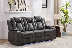 Modern Power <b>Reclining</b> 3+2 LED Lighting Sofa Set with Massage Feature Cup Holders USB Ports & Drop-Down Table Leather Extendable - Product Image 3