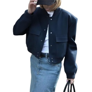 Nouvelle veste courte en maille unie respirante pour femme, style motard, col montant, boutonnée, avec poches, collection automne, tendance - Product Image 1