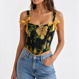 Chuangerm OEM 2026 Crop top style palais vintage à motif floral jaune peint à l'huile, à bretelles larges, cintré à la taille et à ourlet pointu incurvé pour femme - Product Image 2