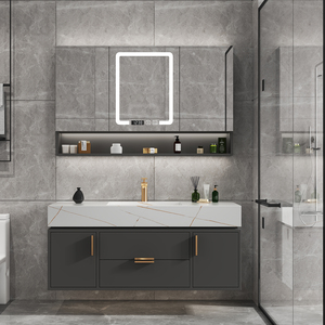 Mueble de <span class=keywords><strong>baño</strong></span> de lujo clásico, 2 cajones, 2 puertas, tocador de <span class=keywords><strong>baño</strong></span> <span class=keywords><strong>con</strong></span> encimera de piedra sinterizada y <span class=keywords><strong>armario</strong></span> <span class=keywords><strong>con</strong></span> <span class=keywords><strong>espejo</strong></span> - Product Image 4