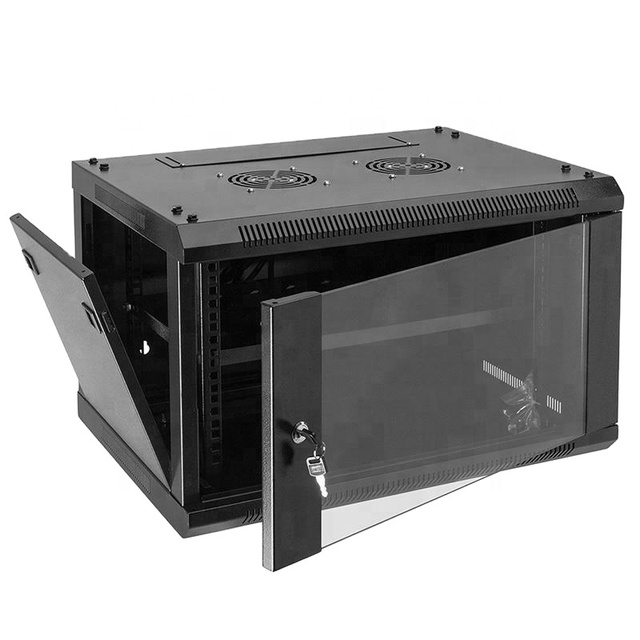 OEM ODM YUSHI Black 19-Inch Secure Wall Mount Rack 600mm Depth 6RU 9 Units Shelf Tray Steel Networking Rack Glass Door Stock