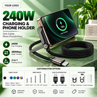 Kabel Pengisian Cepat USB C ke USB C 240W dengan Penyangga Ponsel Lipat, Kabel Tipe-C Kepang Berbentuk T untuk iPhone Samsung, iPad & Tablet
